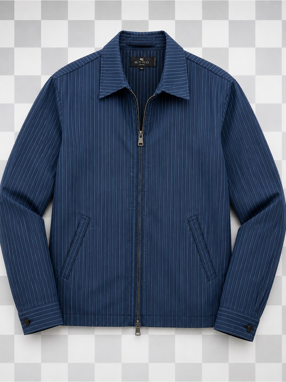 ETRO Milano Men’s XXL Made in Italy Navy Pinstripe Cotton Zip Jacket
